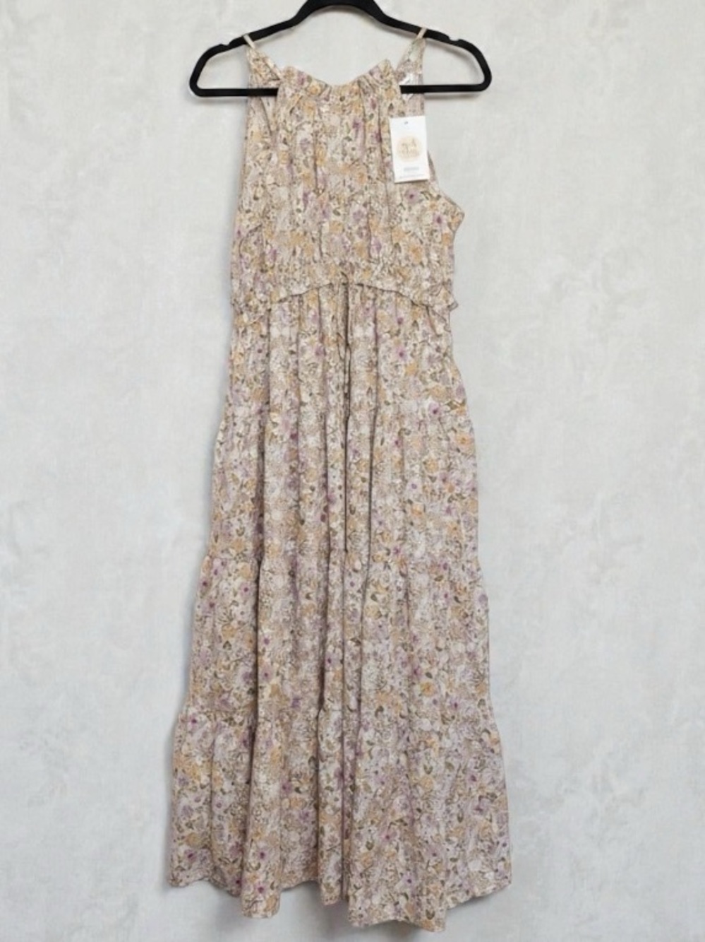 Spring Wedding Guest Floral Halter Midi Dress in Cream, Yellow and Purple.